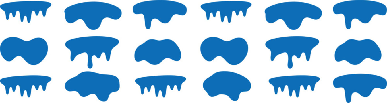 Dripping paint shapes vector set featuring blue liquid drips and splashes in various abstract forms for creative design elements