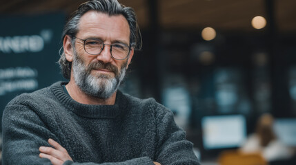 Obraz premium Confident mature researcher portrait with crossed arms in modern office laboratory setting. Professional concept for science, innovation, expertise, leadership, and intellectual success.