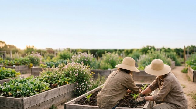 Two gardeners kneeling in raised wooden beds planting seedlings with gloved hands surrounded by vibrant flowers and green vegetables in an urban community farm during golden hour