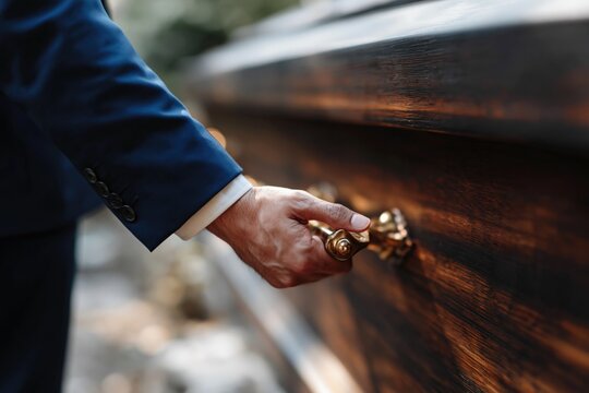 Man holding ornate coffin handle at graveside ceremony