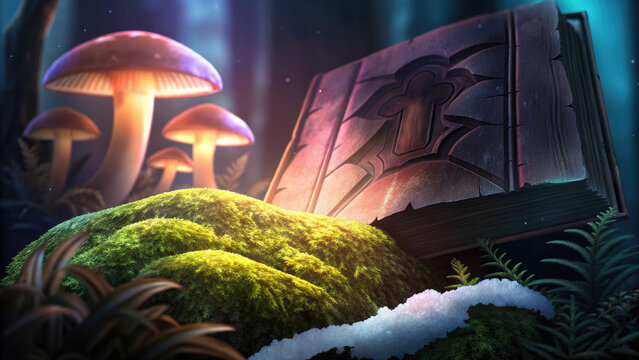 Giant amanita muscaria rise over monastery concept. A mystical book beside enchanted mushrooms in a serene forest.