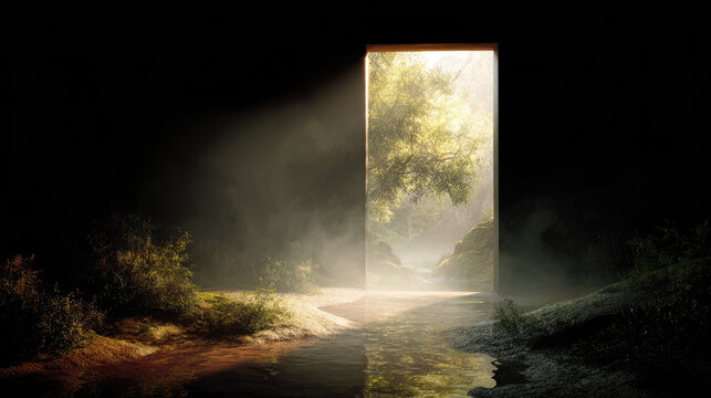 Wedding couple exits charming chapel together concept. A mystical door opening to a serene, illuminated forest scene.