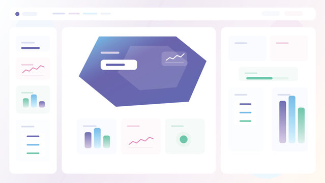 Modern analytics dashboard with hexagon centerpiece chart widgets reports metrics and clean pastel admin interface business layout design