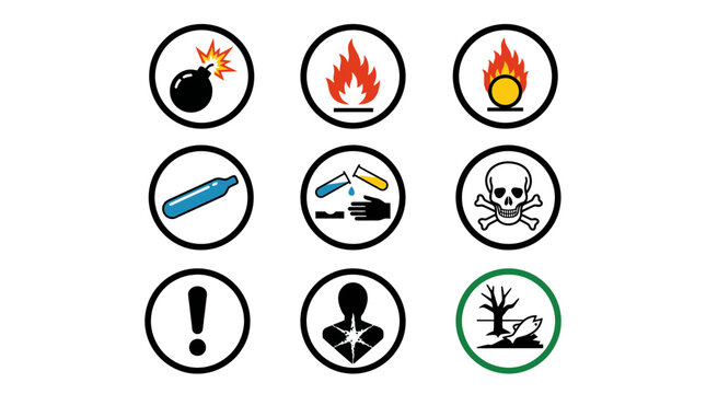 Vector Icons Set of GHS hazard pictograms for chemical safety and hazardous materials labeling. Vector Illustrations. EPS Editable