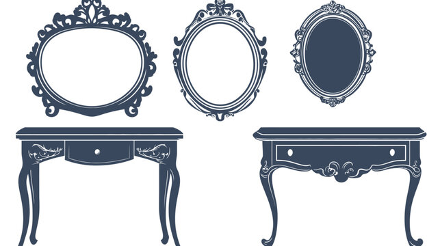 Silhouettes of ornate mirrors and vanity tables in a vintage style