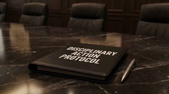 A somber scene depicting a closed 'disciplinary action protocol' book on a marble table in a conference room setting
