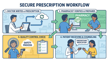 Naklejka premium Detailed Visual Guide to a Secure Digital Prescription Workflow Ensuring Patient Safety and Quality Control in Healthcare Operations