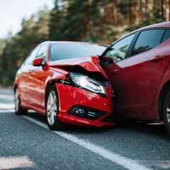 Fototapeta premium Close frontal impact between two red cars on paved forest road