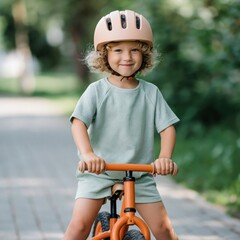 Naklejka premium Toddler wearing helmet riding balance bike on pathway