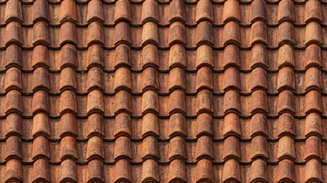 Traditional Weathered Terracotta Roof Tiles Arranged in Wave Pattern.