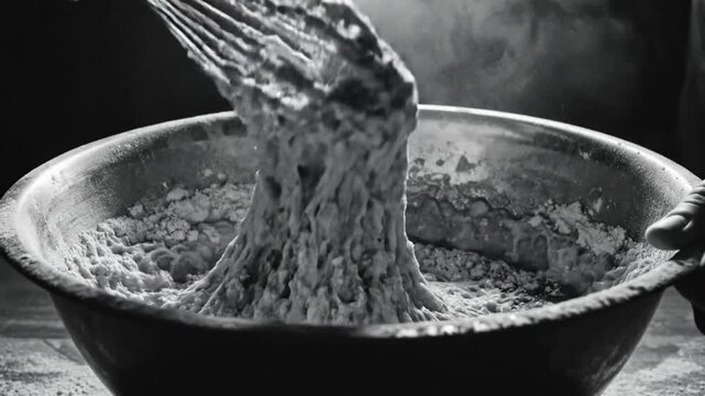 Black and white close up of a person mixing ingredients in a metal bowl creating a dough texture