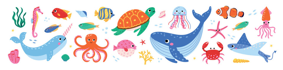 Cute sea animals collection. Vector set of funny marine creatures: whale, turtle, octopus, narwhal, jellyfish and shark. Underwater ocean life clip art for kids nursery and baby shower. © Hanna Bykova