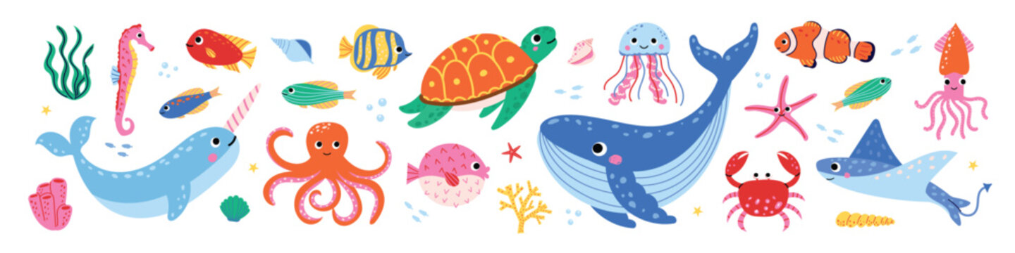 Cute sea animals collection. Vector set of funny marine creatures: whale, turtle, octopus, narwhal, jellyfish and shark. Underwater ocean life clip art for kids nursery and baby shower.
