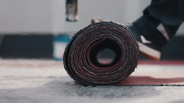Roll of waterproof roofing membrane on floor during installation close up
