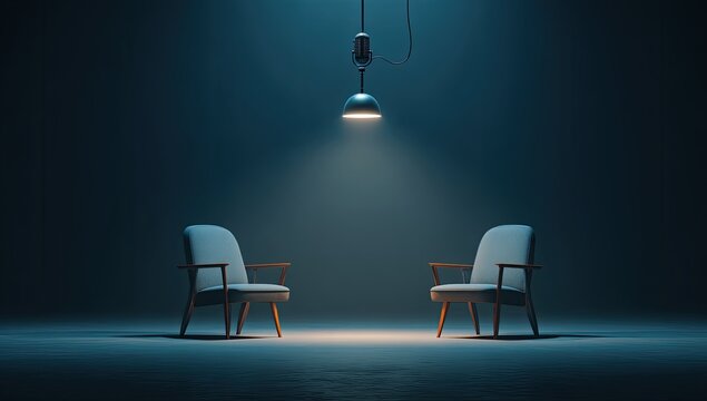 Two empty chairs illuminated by a single spotlight in a dark room.