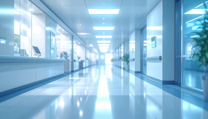 Fototapeta premium abstract defocused blurred technology space background, empty business corridor or shopping mall. Medical and hospital corridor defocused background with modern laboratory (clinic)