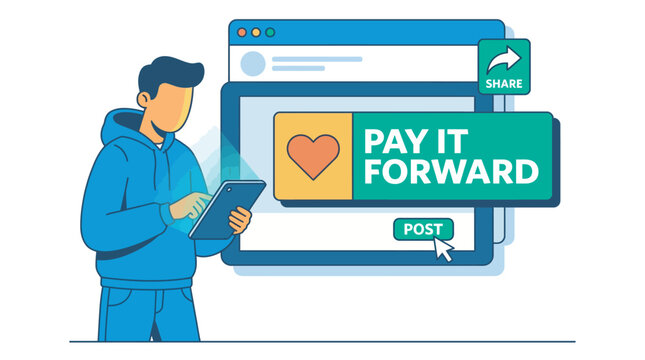 Man using laptop computer with a pay it forward notification on screen