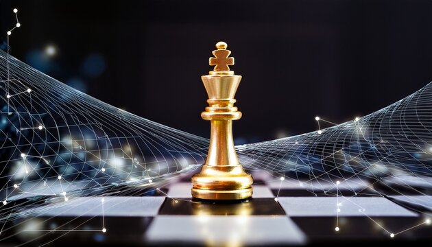 golden chess king piece on black and white board with futuristic network background and strategy concept