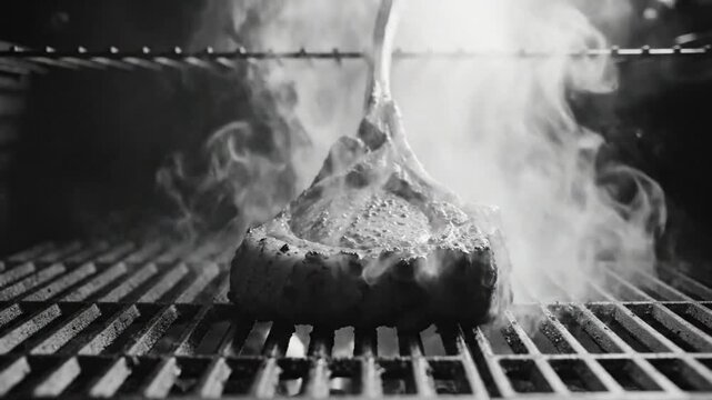 Black and white close up of a tomahawk steak being seared on a hot grill, smoky atmosphere.