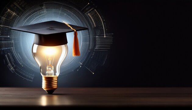 digital education innovation light bulb concept with graduation cap on black background