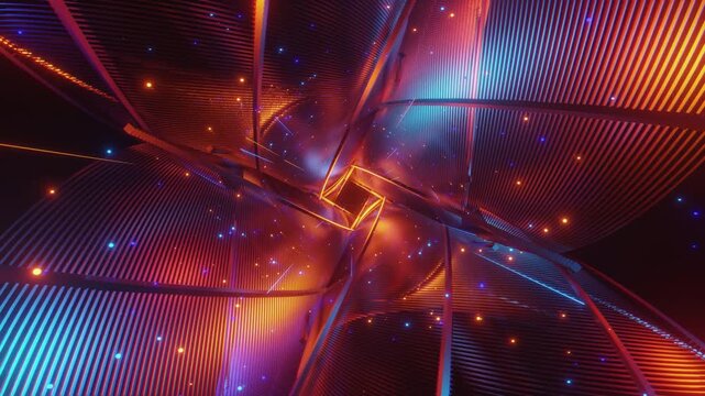 4K seamless orange and blue VJ loop with abstract high-tech polygonal tunnel and glowing light streaks for VJ sets, high-tech club visuals, music festivals, stage screens, LED video walls