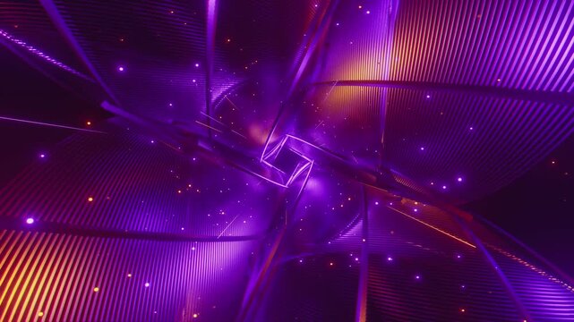  4K seamless orange and purple VJ loop with abstract high-tech polygonal tunnel and glowing light streaks for VJ sets, high-tech club visuals, music festivals, stage screens, LED video walls