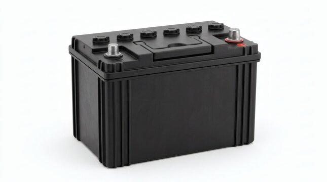 Black lead acid car battery for vehicle power isolated on white background.