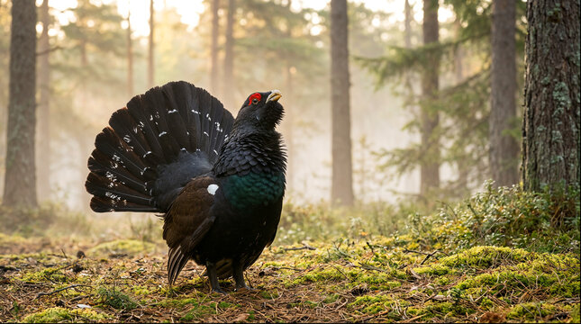 Western capercaillie displaying fanned tail feathers in pine forest