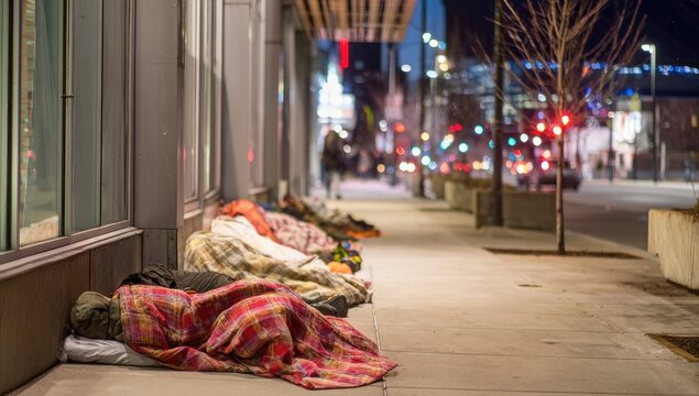 Homeless people sleeping on a city sidewalk at night.