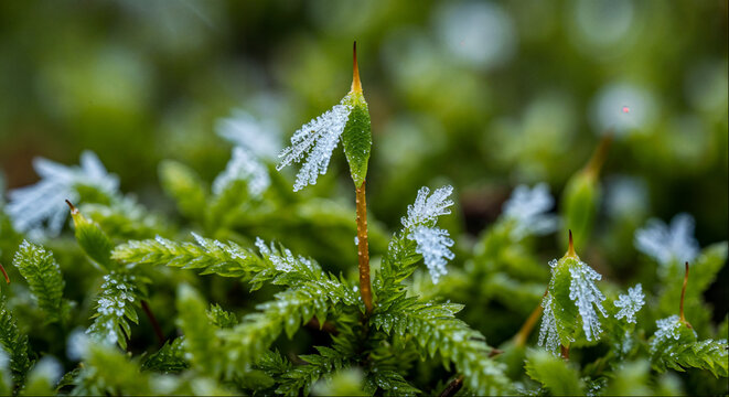 Moss with frost and dew drops on green plant in macro close-up