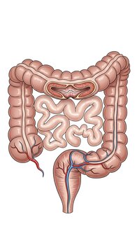 Anatomical illustration of the human large and small intestine.