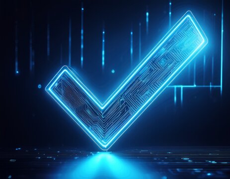 abstract digital check mark symbol glowing with neon blue light against a dark background