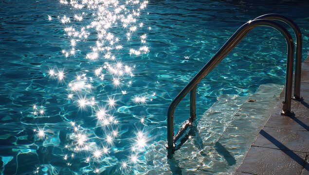 Sparkling Swimming Pool Water with Metal Handrail and Sunlight Reflections.