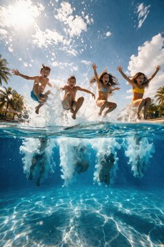 Happy diverse children jumping into swimming pool together, tropical summer vacation fun scene, friendship and joyful active lifestyle concept.