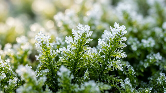 Moss covered in delicate frost crystals on green plant macro view