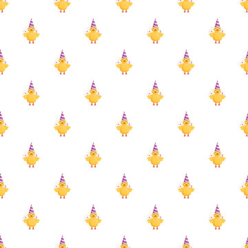 Yellow chicks wearing pink striped party hats with confetti repeat on a white background
