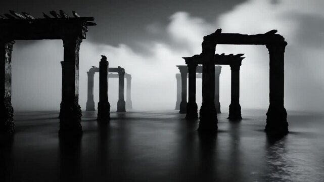 Mysterious and Ethereal Ruins Silhouetted in Foggy Water with Dramatic Shadows in Monochrome