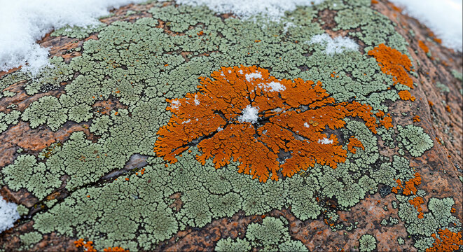 Colorful crustose lichens on rock with snow in alpine tundra area