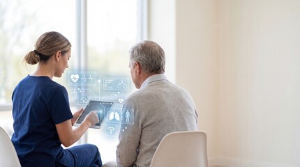 Obraz premium Future healthcare technology elderly patient consultation session nurse doctor explaining medical data on tablet hologram device