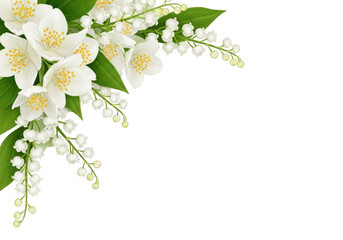 Obraz premium Beautiful white jasmine and lily of the valley flowers corner arrangement isolated on transparent background