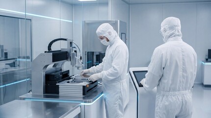 Obraz premium Workers in protective suits operating advanced machinery inside a modern cleanroom facility high tech manufacturing process laboratory research equipment semiconductor fabrication