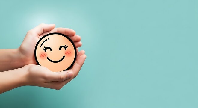 Hands holding a smiling face drawing, symbolizing happiness and positivity, close-up view on a light teal background, concept of joy and well-being.