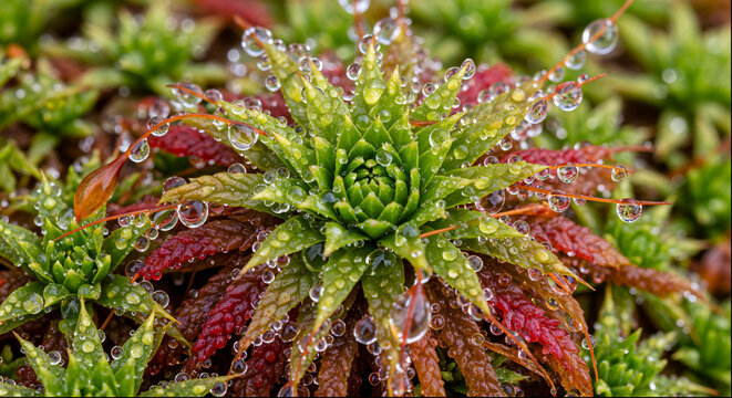 Saxifrage plant rosette covered in water droplets in macro view