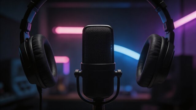 A close-up of a microphone and headphones in a recording studio, perfect for radio or podcast sessions, with a dark background and neon lights adding a touch of modernity and professionalism.