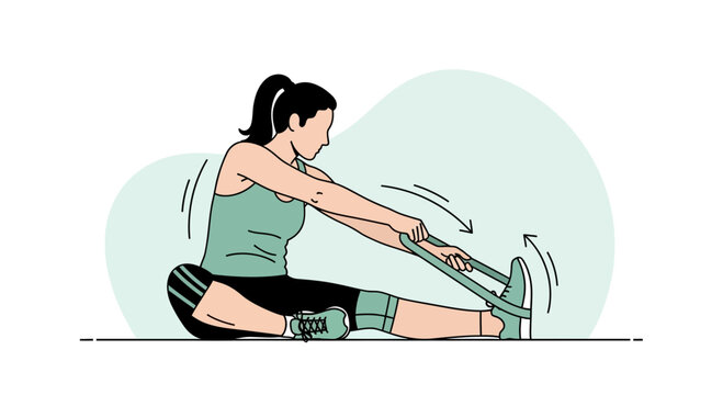 Woman stretching hamstrings with resistance band, seated exercise, fitness, healthy lifestyle