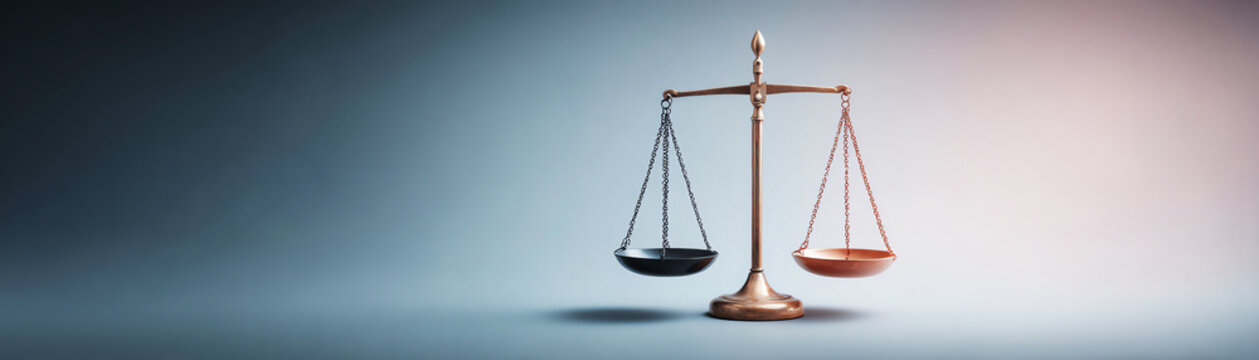 Balance scale justice law fairness equality impartial legal, bronze metal symbol with uneven weight, calm harmony on gradient studio background