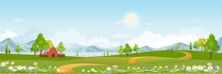 Spring landscape in village with green field and sunset,Vector flat cartoon rural farmland with mountain and forest, pink and blue sky, Natural scene in countryside,Panorama view on sunny day Summer © shohanex