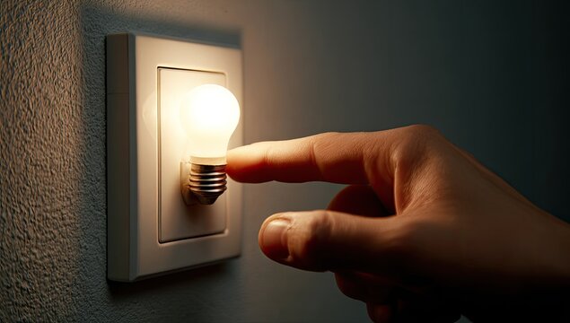 Close-up of a Finger Pressing a Light Bulb Switch to Turn On the Light.