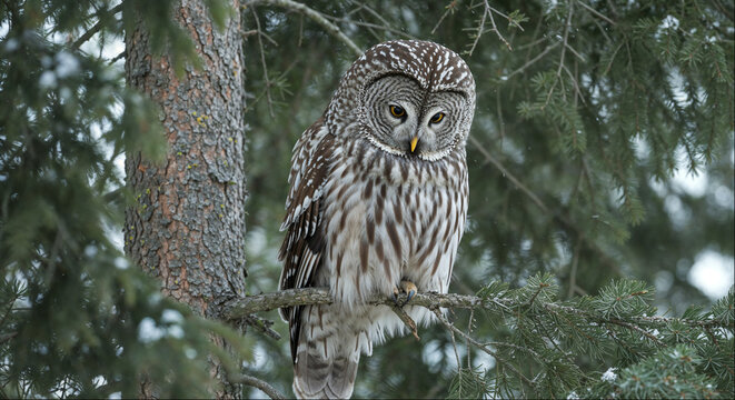 Ural owl perched on branch in coniferous forest looking at camera