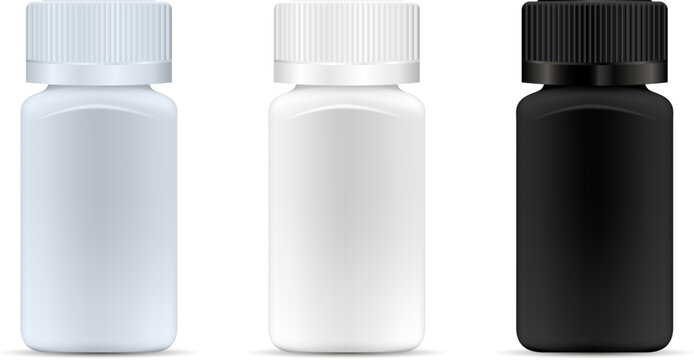 Square medicine bottles. Pharmaceutical containers for pills, capsules, drugs. Medical jar vector mockup. EPS10 illustration.